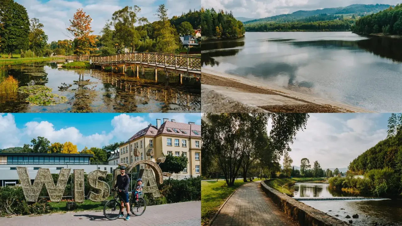 Letnia przygoda w Wiśle: malownicze jezioro, urokliwy park z mostkiem, rodzinna przejażdżka rowerowa i spacer nad rzeką.