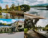 Letnia przygoda w Wiśle: malownicze jezioro, urokliwy park z mostkiem, rodzinna przejażdżka rowerowa i spacer nad rzeką.
