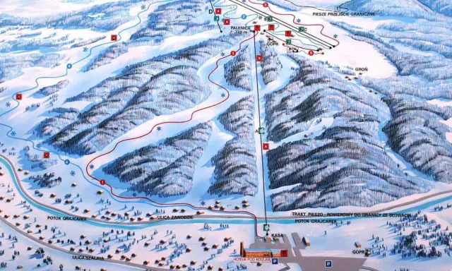 Mapa ośrodka narciarskiego Palenica Szczawnica. Widok z lotu ptaka na stoki, trasy, wyciągi i zabudowania. Sprawdź palenica szczawnica cennik.