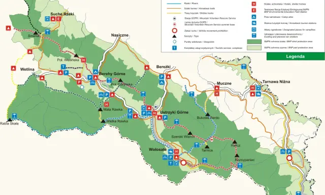 Mapa Bieszczad z zaznaczonymi szlakami pieszymi, drogami, rzekami i punktami widokowymi. Znajdziesz tu san, rzekę i mapę szlaków.