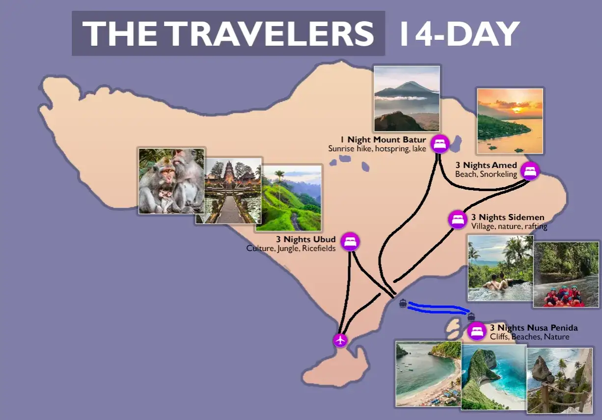 14-dniowy bali plan zwiedzania: małpy, świątynie, tarasy ryżowe, wulkan Batur, plaże i snorkeling.